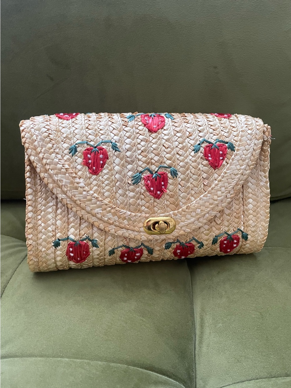 Collectif Straw Clutch with Red Strawberry Embroidery